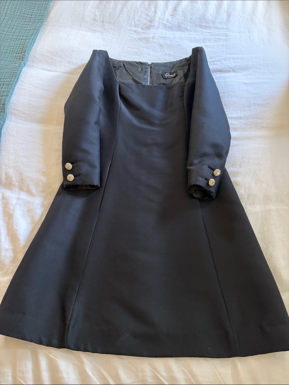 Vintage Black Long-Sleeve Square-Neck Sheath Dress